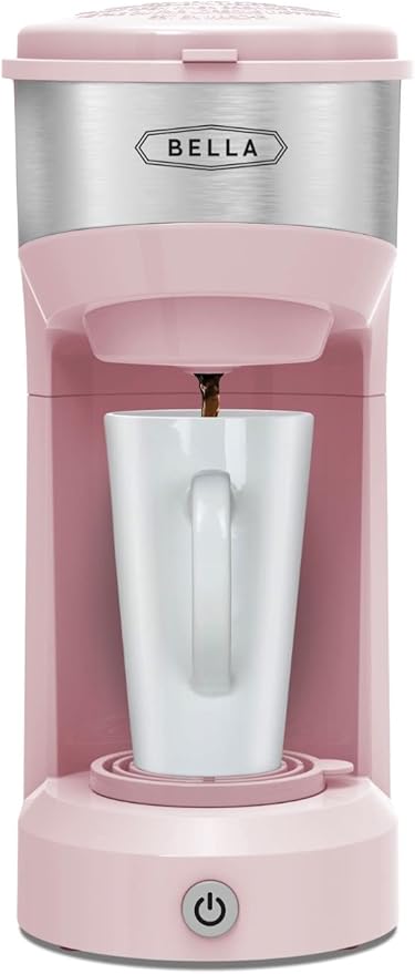 BELLA Dual Brew Single Serve Coffee Maker, Brews both Kcup and Ground Coffee, Large 14oz Capacity, Easy One Touch, Auto Shutoff, Pink