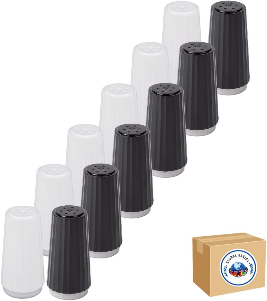 Disposable Salt and Pepper Shakers by Global Basics - Plastic Shaker Sets for Parties, Restaurants, Picnics, Cookouts - Prefilled Salt and Pepper Shakers with 4oz. Salt, 1.5oz. Pepper - 12-Pack