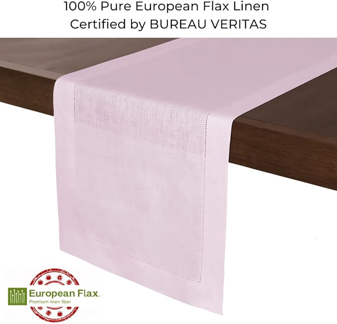 D'Moksha Homes Linen Pastel Pink Table Runner 48 Inches - Classic Hemstitch, 100% Pure Linen Coffee Table Runner 14 x 48 Inch Ideal for Dresser Tables - Winter, Christmas, Holiday, New Year