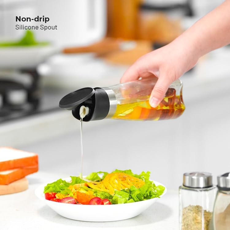 Premium Glass Olive Oil and Vinegar Dispenser Bottles Set, 2-Piece Kitchen Cooking Cruet with Auto-Open Lid, Non-Drip Pouring Spout, Oil Infuser Filter, Dishwasher Safe (White 16oz)