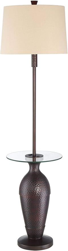 Regency Hill Fallon Industrial Floor Lamp with Tray Table USB and AC Power Outlet in Base 66" Tall Oil Rubbed Bronze Hammered Oatmeal Drum Shade for Living Room Reading House Bedroom Home