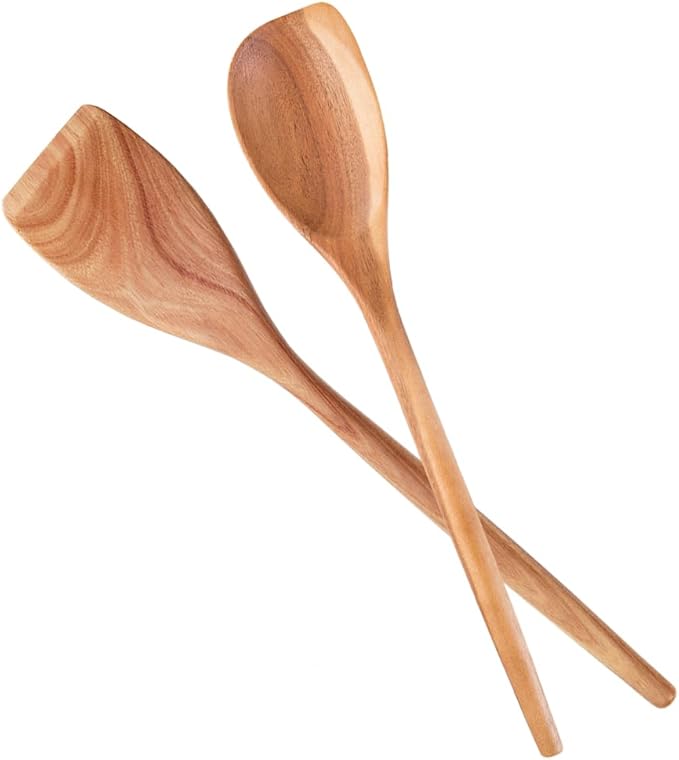 2PCS Acacia Wooden Spoons For Cooking-14 Inch Smooth Finish Cooking Spoons-Comfortable Grip Wood Spoons for Cooking - Non-Stick Cooking Utensils (Corner spoon + Cooking Spatula)