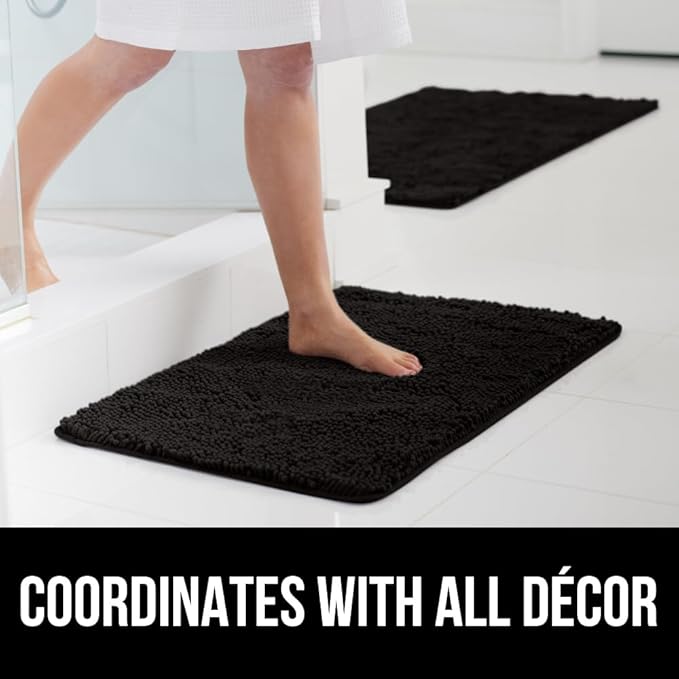 GORILLA GRIP Bath Rug Mat 36x24, Thick Soft Absorbent Chenille, Quick Dry Microfiber Mats, Rubber Backing Washable Shower Floor Rugs, Bathmat Runner, US Designed Bathroom Home Decor Accessories Black