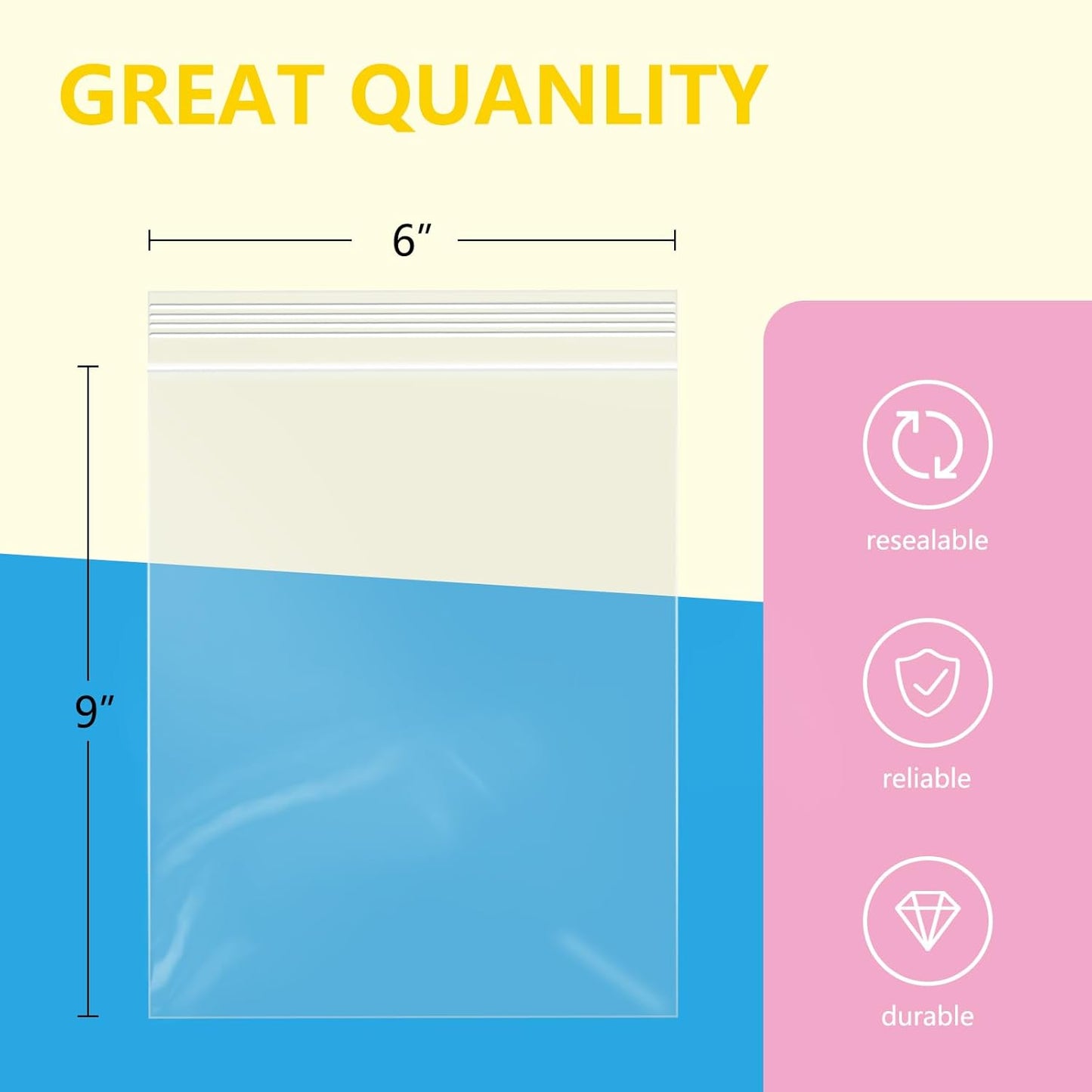 iMailer - 500 Pcs- 6" x 9" Plastic Poly Bags- Clear Resealable Zip Bag with Lock Seal Zipper for A7 A8 A9 Cards & Envelopes, Bakery, Cookies