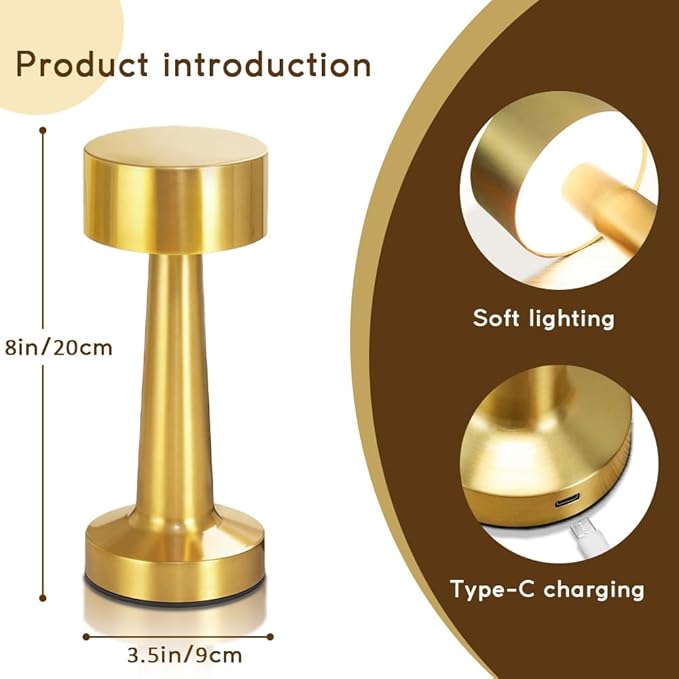 Portable LED Table Lamp, 3-Levels Brightness Metal Desk Lamp,3 Color Touch Control Rechargeable Lamp, Ideal Bedside Lamp for Nightstand,Bedroom, Living Room (Gold)
