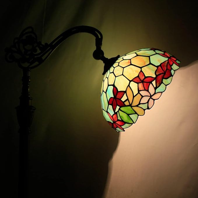Tiffany Floor Lamp Stained Glass Lamp 18.88X12X67 Inch Angle Adjustable Arched Gooseneck Antique Reading Light (Red Green Flowers)