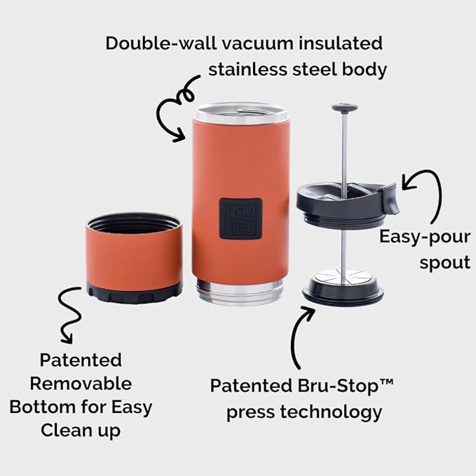 BruTrek OVRLNDR Travel Coffee French Press, 24 fl.oz Capacity, Double Wall Vacuum Insulated, Easy To Clean Removable Bottom, No Spill Lid, On The Go Coffee Brewing (Snowflake White)