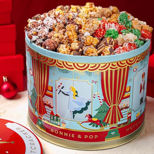 Christmas Popcorn Gift Tin - Gourmet Food Gifts - Plays Music - Chocolate & Popcorn Gift Tin, Holiday Basket - Nutcracker Suite- Bonnie and Pop