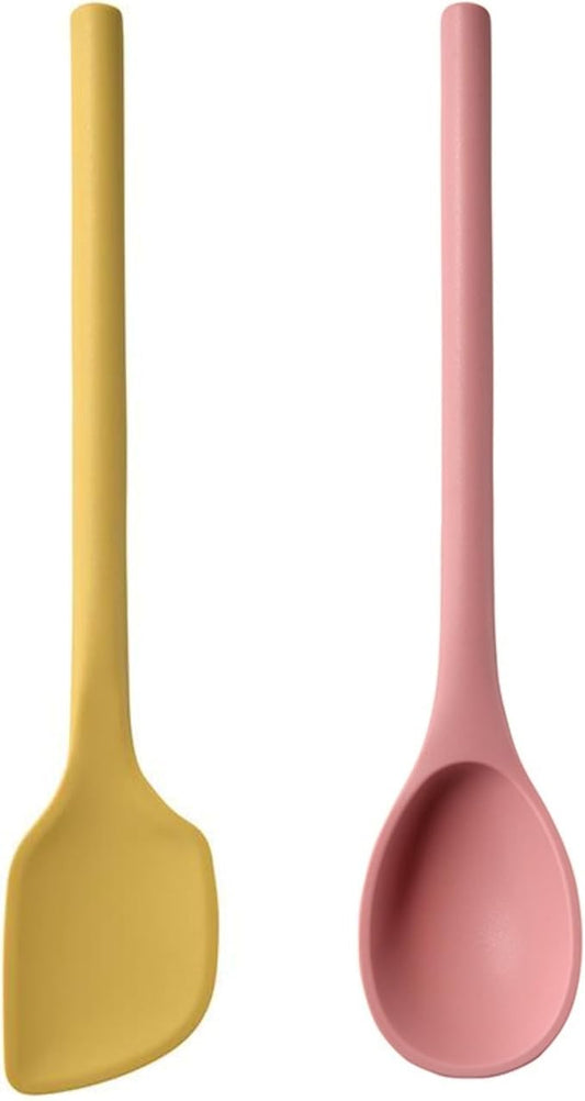 Silicone Cooking Spoon Spatula Set, High Heat Resistant Stiff Mixing Spoon, Extra Long Large Kitchen Utensil for Baking, Stirring, Serving, scraping and turning, 12 Inches