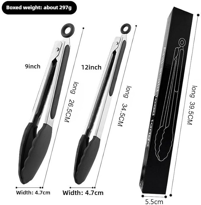 Silicone Kitchen Tongs for Cooking - 9+12 Inch Heat-Resistant Stainless Steel Cooking Tongs with Non-Slip Handle, Non-Scratch Tips for, BBQ, Salad & Air Fryer - 2-Pieceblack