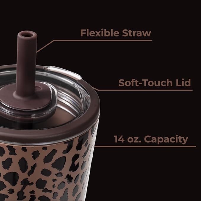HydroJug Everyday Tumbler 14 oz – Ceramic-Lined Insulated Tumbler with Straw and Soft-Touch Lid, Cup Holder Friendly, Double-Wall Vacuum Insulation, Reusable Travel Cup – Brown Leopard