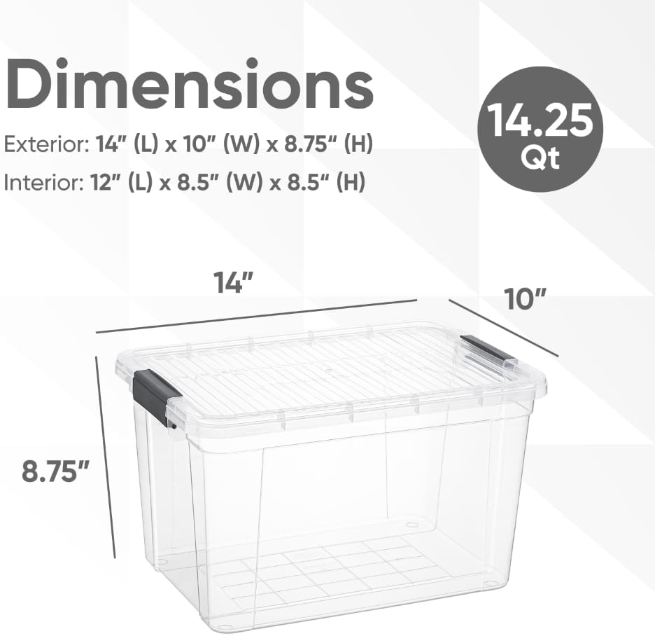 Superio Clear Storage Boxes with Lids, 14.25 Quart Plastic Container Bins for Organizing, Stackable Crates, BPA Free, Non Toxic, Odor Free, Organizers for Home, Office, School, and Dorm