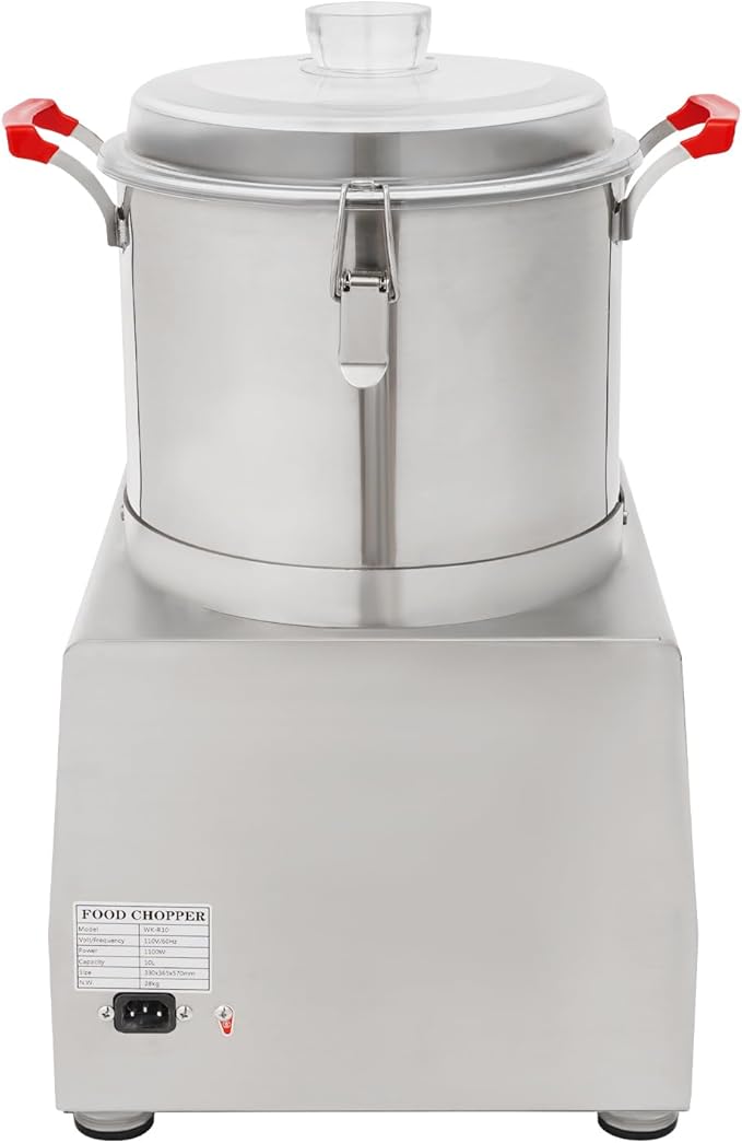 Commercial Food Processor 1100W 110V Electric Food Chopping Machine 10L/2.64Gal Stainless Steel Food Processor with Handles and Clear Lid for Restaurant Cafeteria, Silver