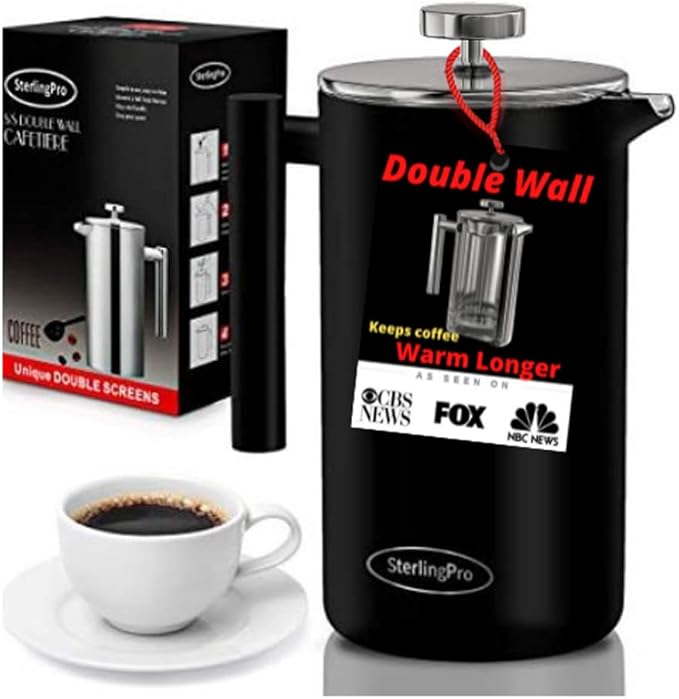 Extra Large French Press Coffee Maker 59 oz (1.75L), Large Capacity Stainless Steel Big French Press XL, Thermal Insulated Black Coffee Maker with Double Walled Insulation, Black