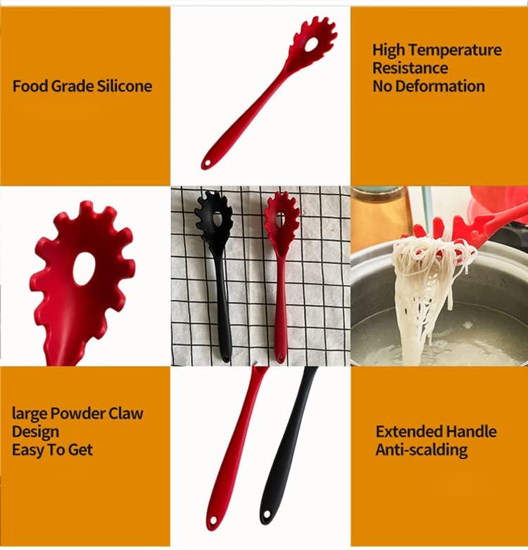 Silicone Pasta Fork (11.5"), High Heat Resistant to 480°F, Hygienic One Piece Design, Spaghetti Strainer & Server Spoon Pasta Forks (Red)