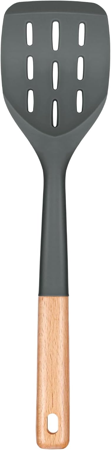 Nonstick Silicone Spatula, Non Scratch Flexible Edge for Pans, Slip Resistant comfortable Wooden Handle, Heat Resistant BPA-Free Kitchen Spatulas for Cooking, 13.2 Inch (Grey)