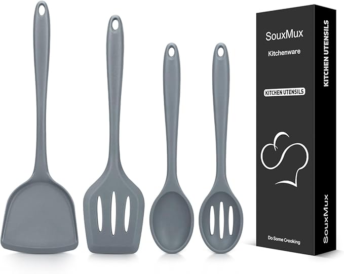 4 Pcs Silicone Kitchen Utensils Set, Wok Spatulas-Slotted Turner-Cooking Spoon-Slotted Spoon, Nonstick BPA Free High Heat Resistant Cooking Utensils for Frying, Mixing, Serving, Draining, Stirring
