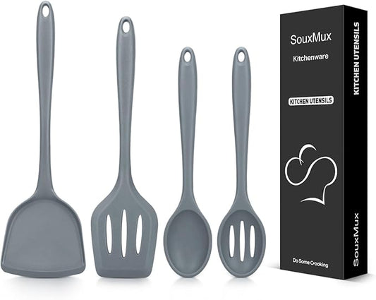 4 Pcs Silicone Kitchen Utensils Set, Wok Spatulas-Slotted Turner-Cooking Spoon-Slotted Spoon, Nonstick BPA Free High Heat Resistant Cooking Utensils for Frying, Mixing, Serving, Draining, Stirring