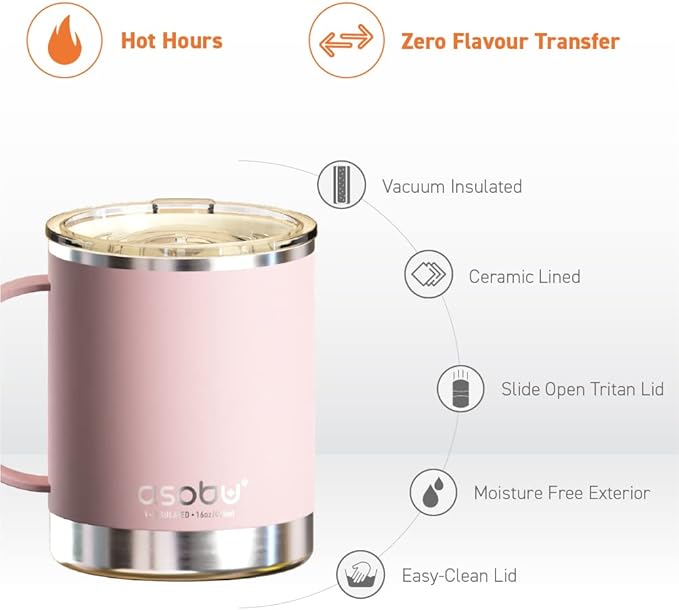 asobu Ultimate Ceramic Travel Mug, 12oz Insulated Stainless Steel Coffee Cup with Handle & Splash-Resistant Lid, Ceramic Lined for Pure Taste, BPA-Free, Double-Wall Vacuum for Hot Drinks