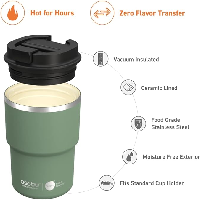 asobu Travel Mug Ceramic Coated Stainless Steel Insulated with Leak and Spill Proof Lid – Fits Standard Cup Holders 12 oz Tumbler (Basil Green)