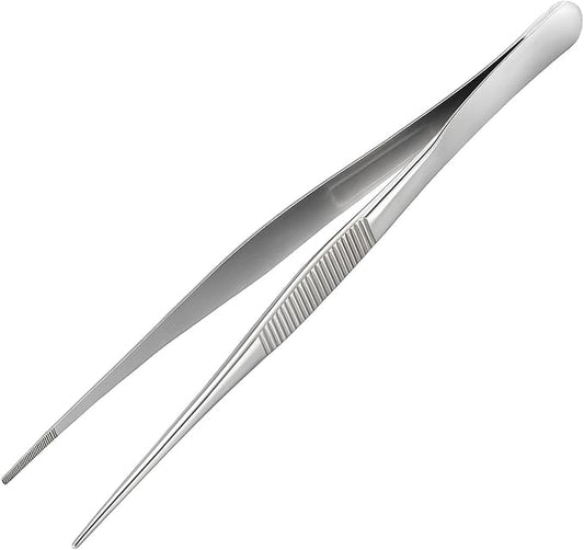 12-inch Stainless Steel Cooking Tongs & Tweezers, Non-Slip Grip & Serrated Tips for Grilling, Baking, Garnishing, BBQ, Kitchen & Craft Use (Straight Tip)