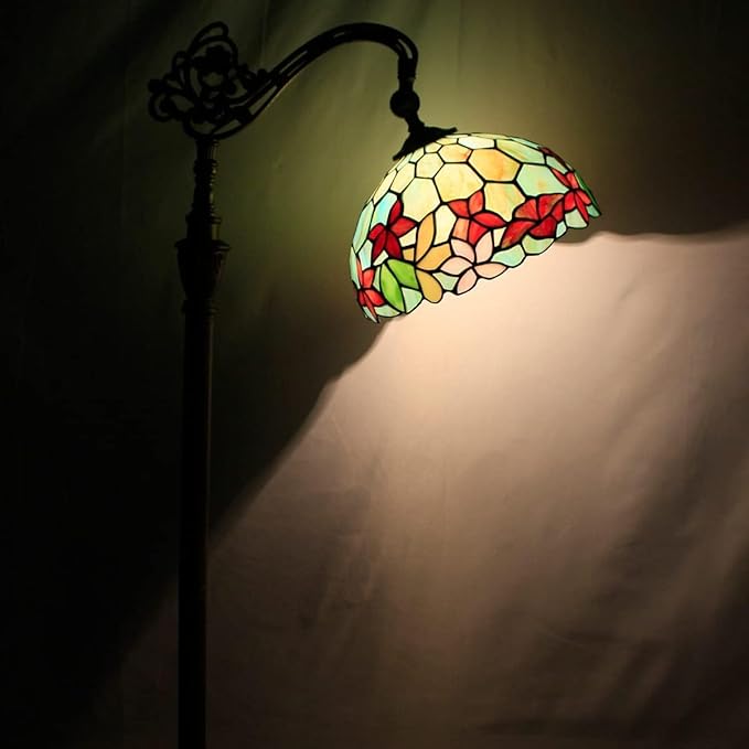 Tiffany Floor Lamp Stained Glass Lamp 18.88X12X67 Inch Angle Adjustable Arched Gooseneck Antique Reading Light (Red Green Flowers)
