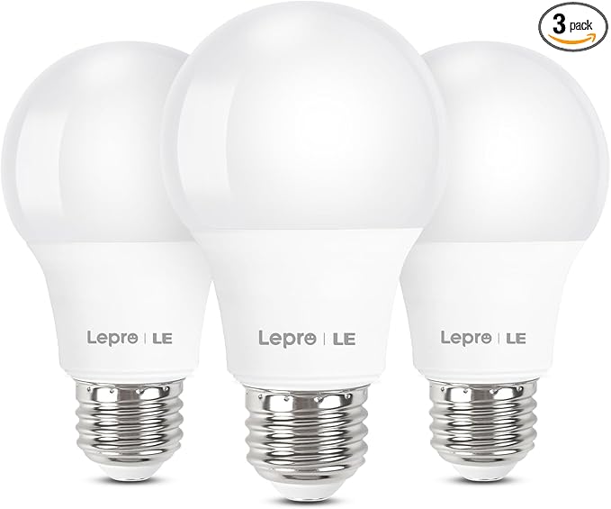 Lepro LED Light Bulbs 60 Watt Equivalent, 9W 800 Lumens Non-Dimmable, Daylight White 5000K, A19 E26 Standard Medium Base, 10000 Hour Lifetime 3 Count (Pack of 1)