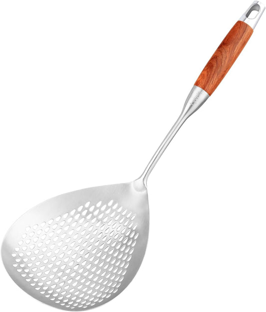 Large Slotted Spoon with Long Wooden Handle - Lyveit 16 Inch Deep Frying Scoop with Hanging Holes, 304 Stainless Steel Fryer Skimmer Spoons for Kitchen Cooking Frying Draining