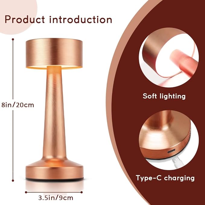 Portable LED Table Lamp, 3-Levels Brightness Metal Desk Lamp,3 Color Touch Control Rechargeable Lamp, Ideal Bedside lamp for Nightstand,Bedroom, Living Room（Rose Gold）
