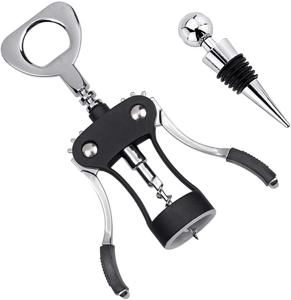 Foho Wine Opener, Multifunctional Wing Corkscrew Wine Bottle Opener for all Cork Stoppered and Beer Cap Bottles, Luxury Waiter Corkscrew with Stopper Set for Wine Enthusiast, Waiters - Black