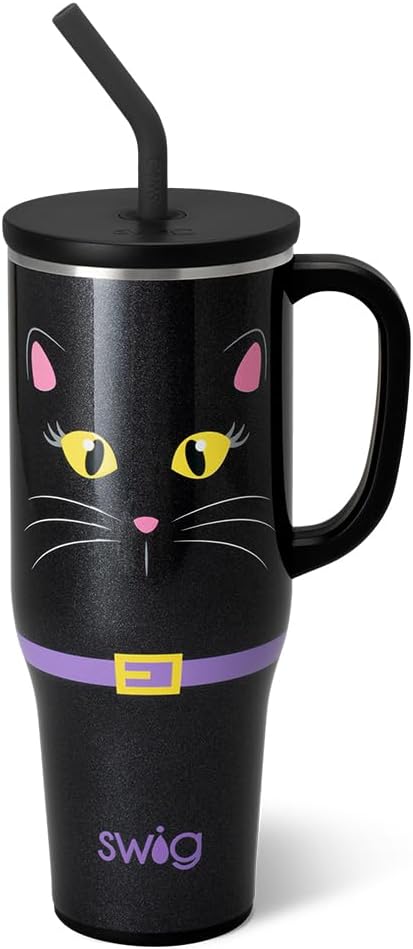 Swig Life 40oz Mega Mug, Halloween 40oz Tumbler with Handle and Straw, Extra Large Insulated Tumblers, Cup Holder Friendly Travel Mug (Boo Crew Cat)