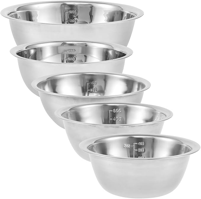 Stainless Steel Mixing Bowls Set of 5, Small Metal Mixing Bowl for Baking, Prepping, Cooking and Serving, Salad, Vegetables,Sizes 9.4" 8.6" 7.8" 6.3" 5.5" (Lid not Included) (set of 5)