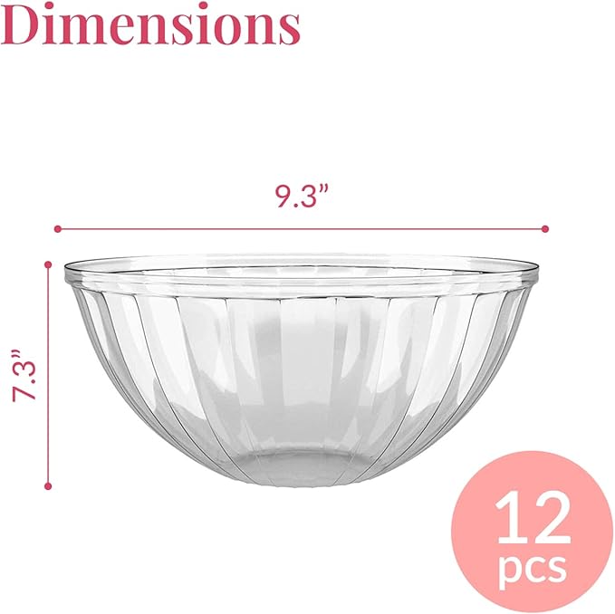 Prestee 12 Pack Clear Plastic Serving Bowls - 48 Oz Round Reusable and Disposable Bowls for Parties and Events - Sturdy and Durable Plastic Bowl for Serving Food, Salads, Snacks, Chips, and Candies