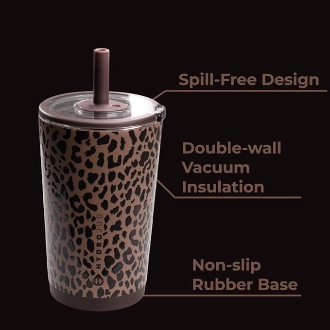 HydroJug Everyday Tumbler 14 oz – Ceramic-Lined Insulated Tumbler with Straw and Soft-Touch Lid, Cup Holder Friendly, Double-Wall Vacuum Insulation, Reusable Travel Cup – Brown Leopard