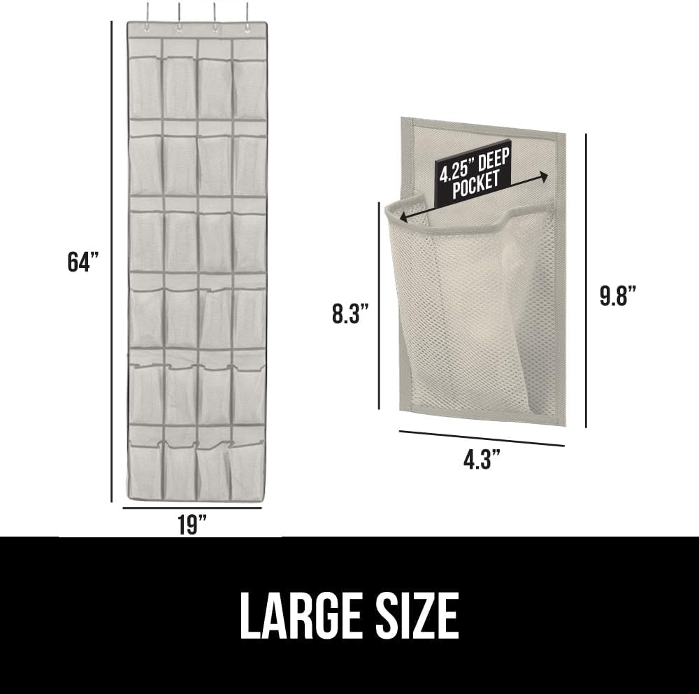 GORILLA GRIP Over the Door Shoe Organizer, 24 Large Breathable Mesh Pockets, Space Saving Hanging Storage Holder, Closet Rack Hanger Holds Up to 40 lbs, Hangs on Closets for Shoes, Accessories, Linen