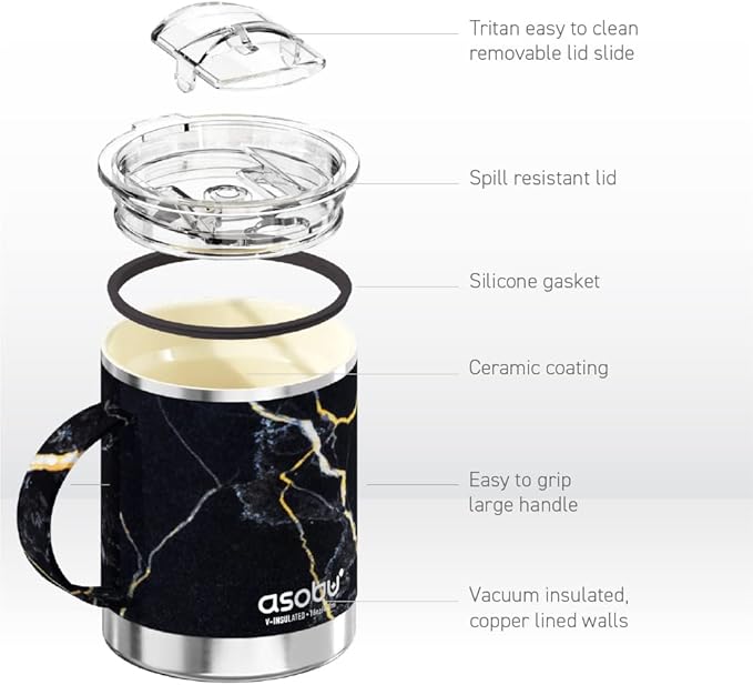 asobu Ultimate Stainless Steel Ceramic Inner Coating Coffee Mug with Double Walled Copper Lining Insulation, 12 Ounces (Midnight Marble)
