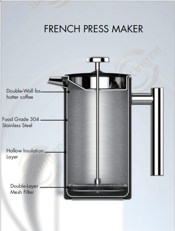 ZARIN 34oz (1L) French Press Coffee & Tea Maker – Durable Borosilicate Glass & Stainless Steel Press with 2 Bonus Filters – Portable Cold Brew Cafetière [Available in Silver Only]