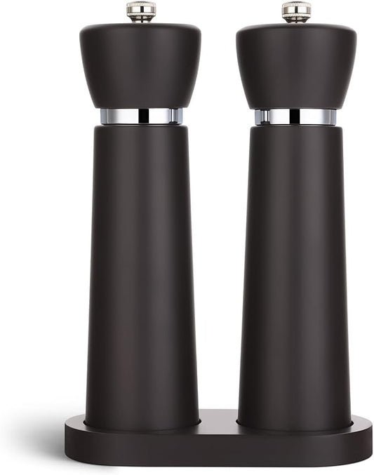Wooden Salt and Pepper Grinder Set – Refillable Salt and Pepper Mill with Adjustable Upgraded Large Size Ceramic Burr – Manual Pepper Grinder with Beech Wood Body – 8.3” Tall (Chocolate Wood)