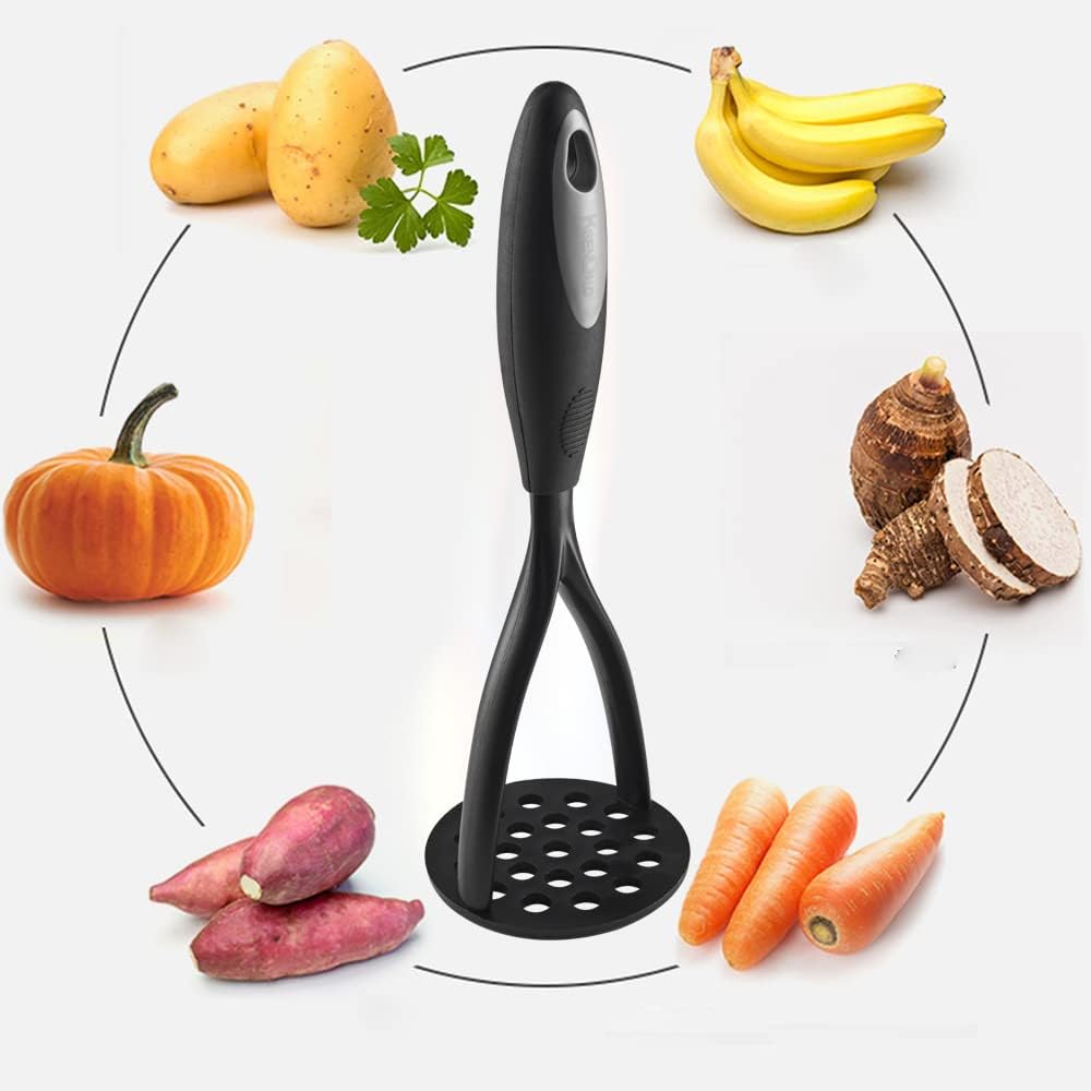 KSENDALO Potato Masher Kitchen Tool,Nonstick Bean Smasher Food Masher with Thick Nylon Blade and Rubber Wrapped Comfortable Handle,Hand Wash, Black