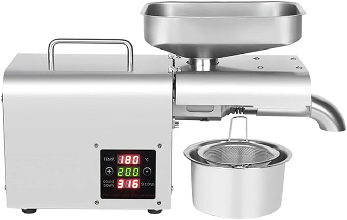 Oil Press Machine 610W Cold/Hot Press Oil Extractor Machine with Oil Cup, Funnel & Filter, 304 Stainless Steel Oil Press Machine, 3-6 kg/h Oil Press Speed, for Peanut Soybean Rapeseed Silver 110V