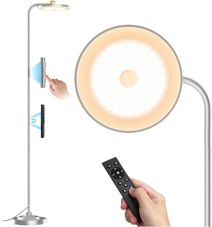 36W LED Floor Lamp, Upgrade Super Bright Standing Lamp, Modern Stepless Dimmable Torchiere Tall Lamp with Remote Control, 350°Rotating Head Reading Floor Lamp for Living Room, Bedroom, Office