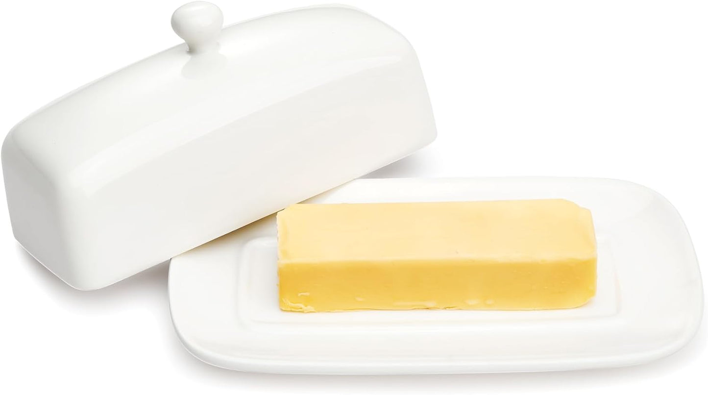 Sweese Butter Dish with Lid, Porcelain Butter Keeper, 7.8 Inch Butter Holder with Handle Cover, Butter Container Perfect for East West Coast Butter, White