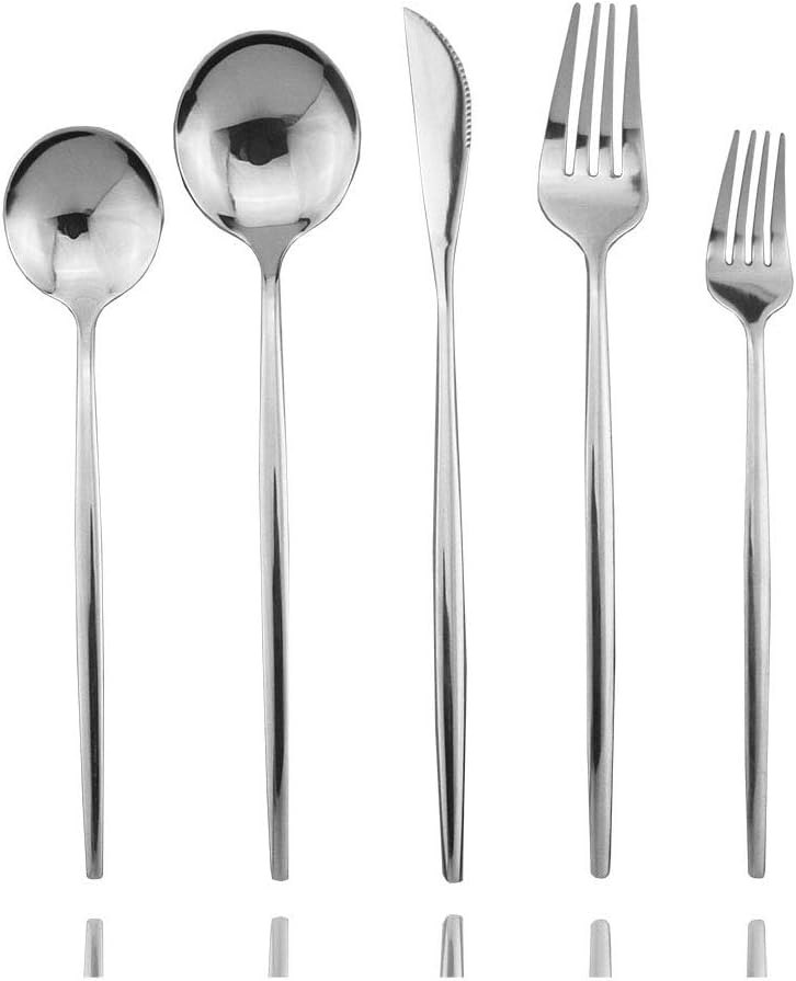 JASHII 20-Piece Stainless Steel Satin Finish Flatware Set, Shiny Silver Silverware Set, Kitchen Utensil Set, Mirror Polished Tableware Cutlery Set for Home and Restaurant - Silver