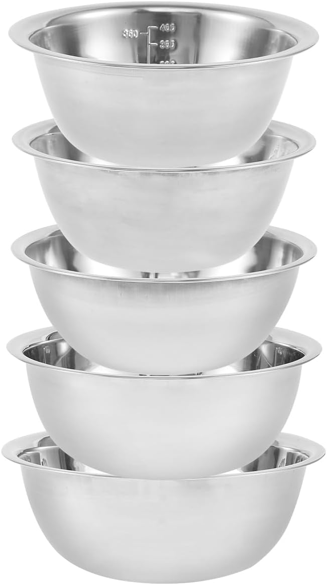 Stainless Steel Mixing Bowls Set of 5, Small Metal Mixing Bowl for Baking, Prepping, Cooking and Serving, Salad, Vegetables,Sizes 9.4" 8.6" 7.8" 6.3" 5.5" (Lid not Included) (set of 5)