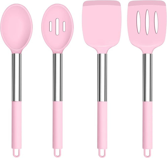 TeamFar Kitchen Utensils, 4 PCS Silicone Cooking Utensils Spatula Spoon Set with Stainless Steel Handle, for Frying Mixing Draining Turning, Healthy & Heat-proof, Non-stick & Dishwasher Safe - Pink