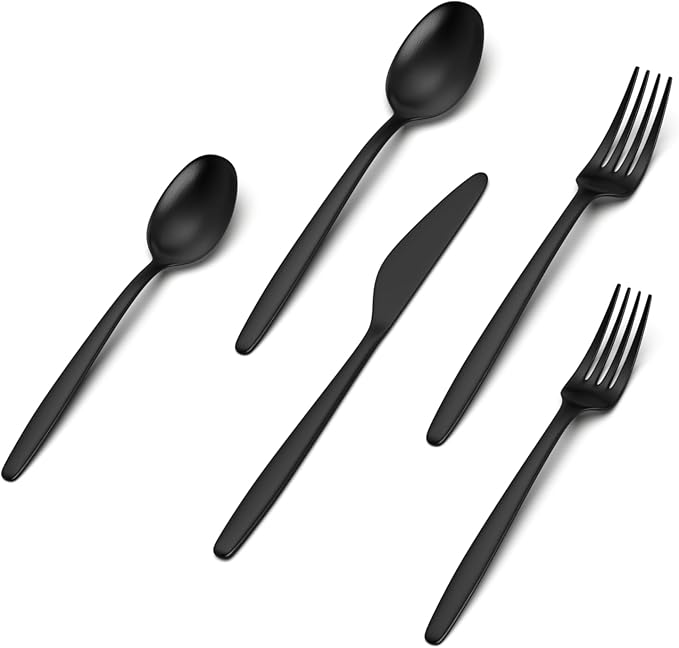 JazzUpCo Tia Flatware non toxic 18/10 stainless steel dishwasher safe (Matte Black, 8 Person Set (40 Pieces))