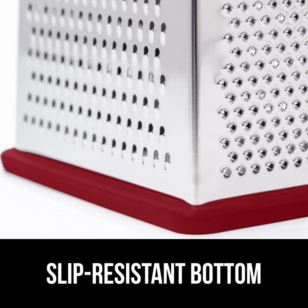 GORILLA GRIP 4-Sided 100% BPA-Free Cheese Grater With Container, Stainless Steel XL Box Graters, Parmesan Shredder, Grate Cheeses, Shred Veggies, Slip Resistant Handle, Dishwasher Safe Zester, Red