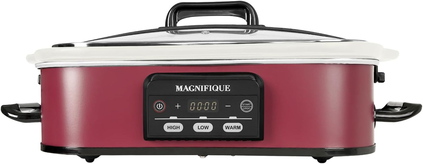 4 Quart Casserole Programmable Slow Cooker with Ceramic Baking Dish - Perfect Kitchen Small Appliance for Family Dinners, Oven Safe and Durable Bakeware for Lasagna, Roasts (Red)