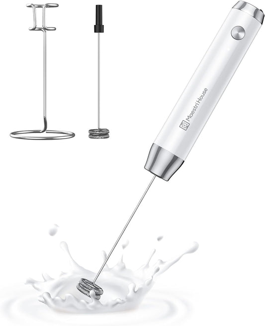 Maestri House Rechargeable Milk Frother with Stand, LunaFro Handheld Electric Foam Maker Waterproof Detachable Stainless Steel Whisk Drink Mixer Foamer for Lattes, Cappuccino
