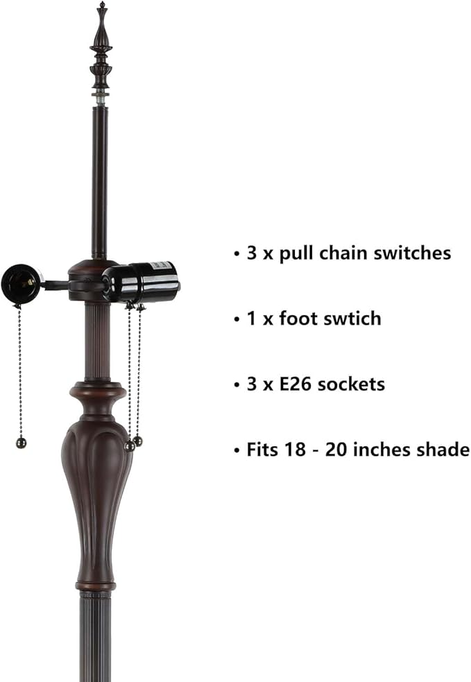 Bieye B10740 Tiffany Style Floor Lamp Replacement Base with 3-Light Pull Chain Switches Foot Switch for 16-26 inches lampshade 65 inches Tall